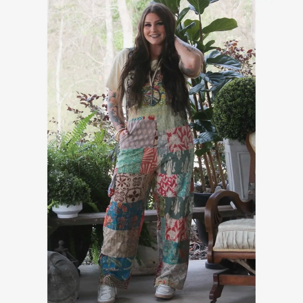 Jaded Gypsy Overalls O/S Distressed Magnolia Floral Patchwork Dreams NWT $148
